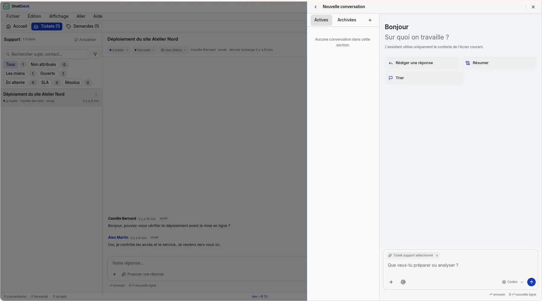 Monique ouverte avec le contexte d’un ticket Support