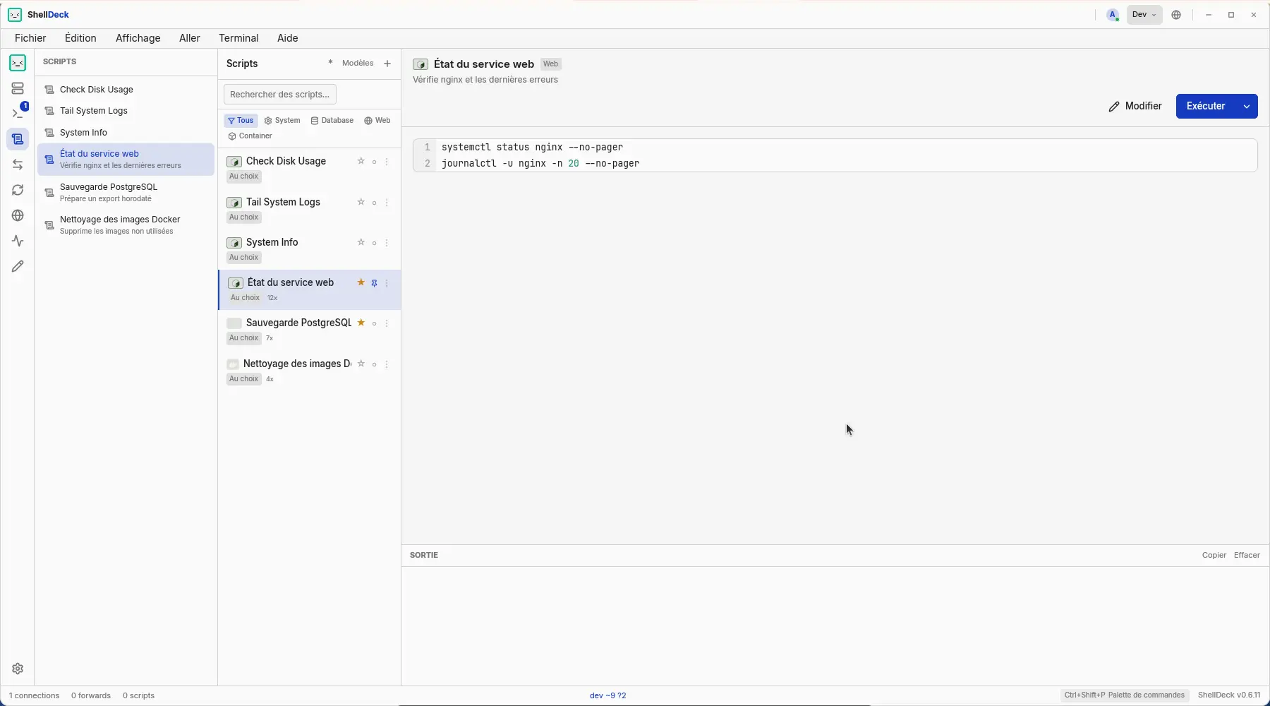 Éditeur de scripts ShellDeck en mode Dev