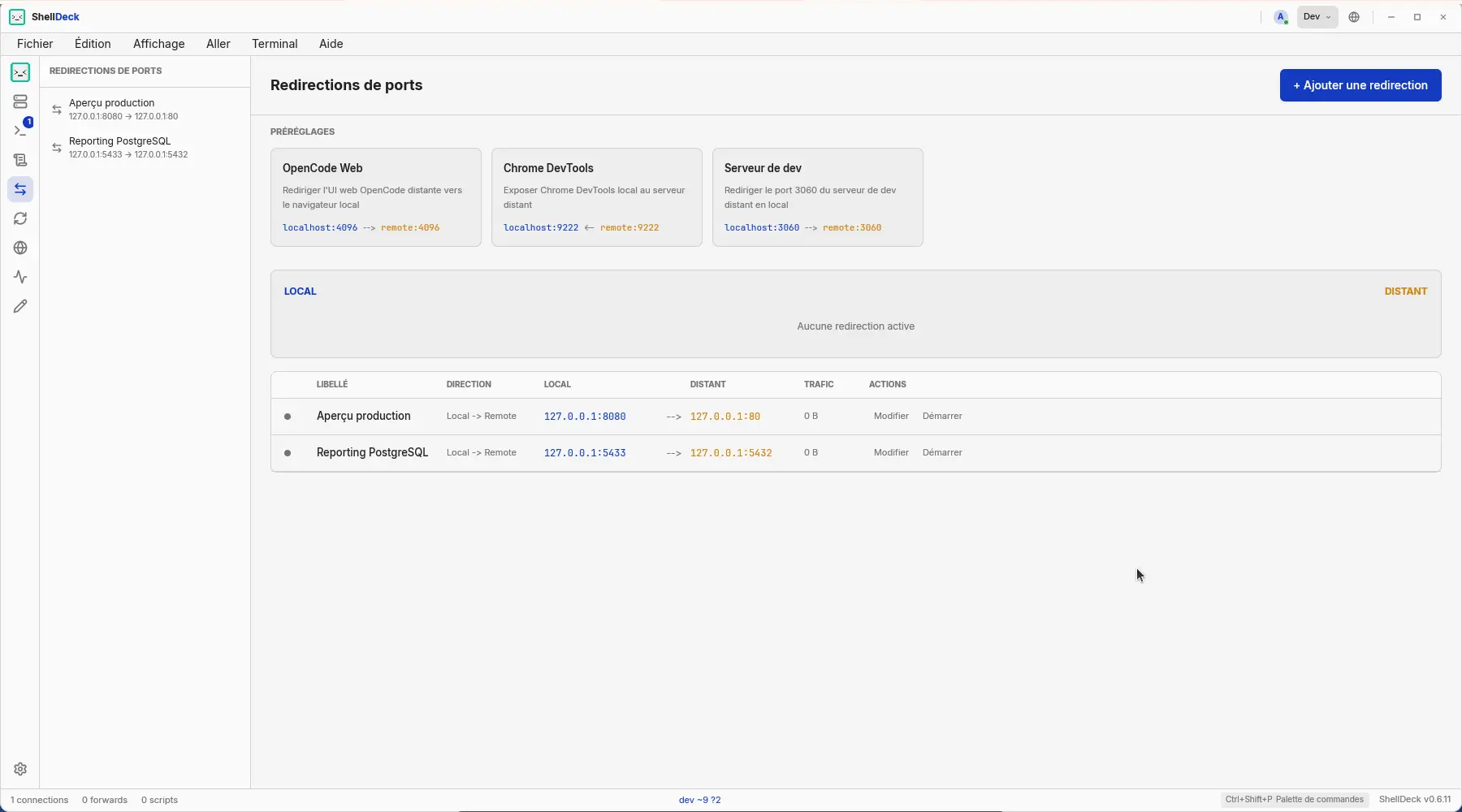 Redirections de ports ShellDeck en mode Dev