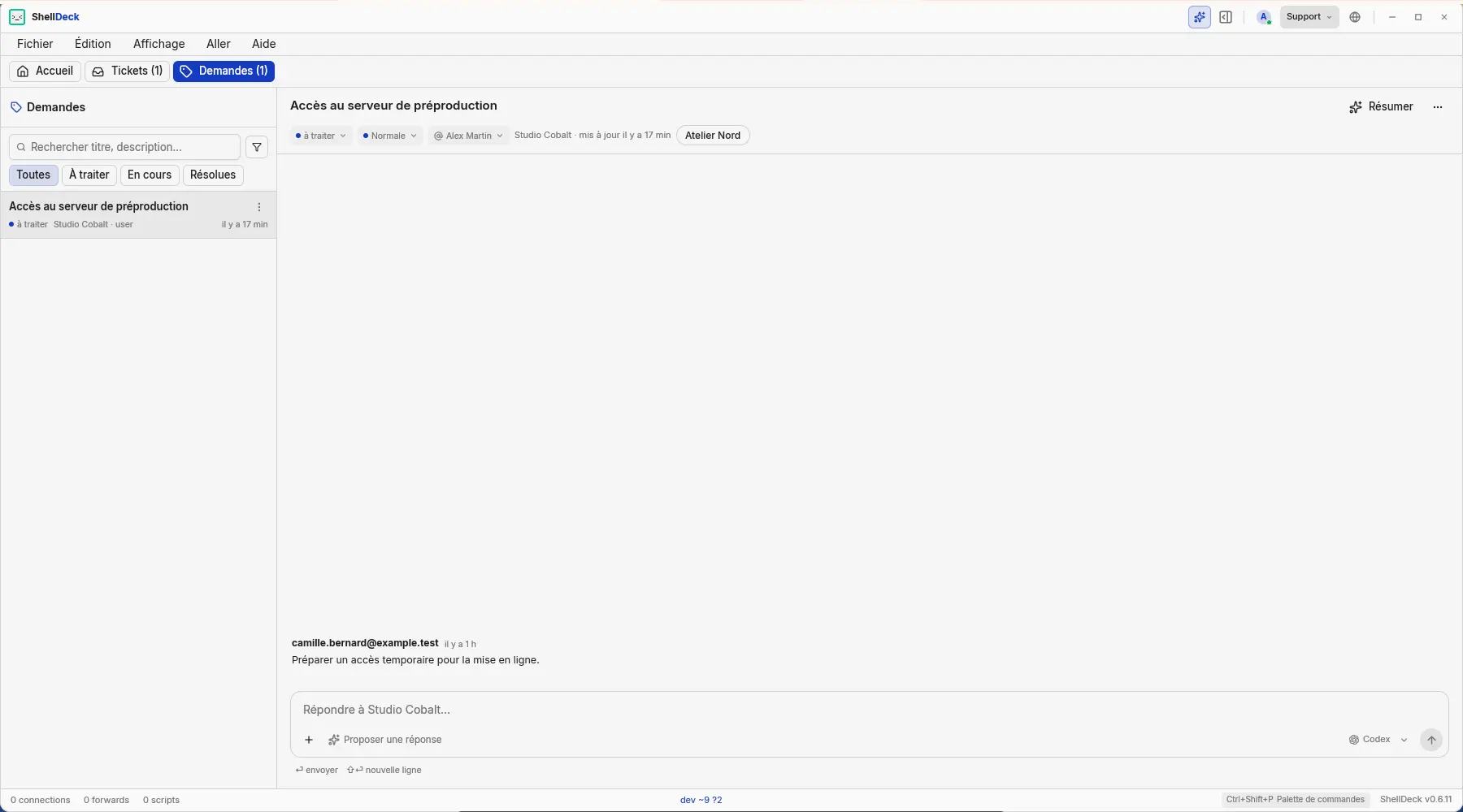 Détail d’une demande dans le mode Support
